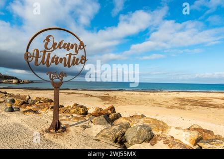 The famous sign that divides the Atlantic Ocean from the Mediterranean Sea, Tarifa , Spain Stock Photo