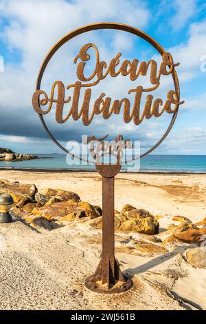 The famous sign that divides the Atlantic Ocean from the Mediterranean Sea, Tarifa , Spain Stock Photo