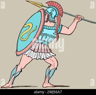 A Greek hoplite. Engraving from Ancient History, 1904. Colored. Stock Photo