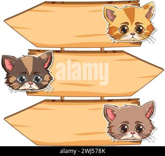Three adorable kittens peeking over sign arrows Stock Vector