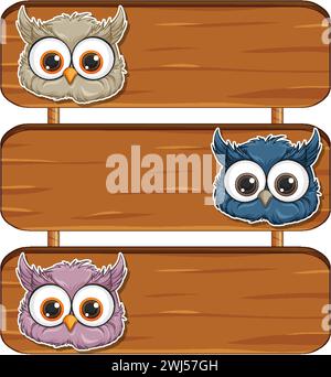 Three cartoon owls perched on blank wooden signs. Stock Vector