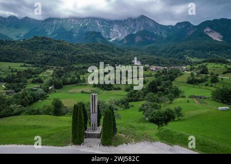 DreÅ¾nica village, Slovenia. Drone aerial view. Picturesque rural green landscape Stock Photo