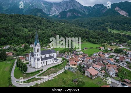 DreÅ¾nica village, Slovenia. Drone aerial view. Picturesque rural green landscape Stock Photo