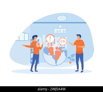 Circular economy concept Man researching green energy, reducing carbon dioxide emissions and climate impact. flat vector modern illustration Stock Vector