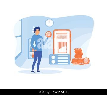 Financial education concept. Male accountant presents projects, analyzes statistics and manages money. flat vector modern illustration Stock Vector