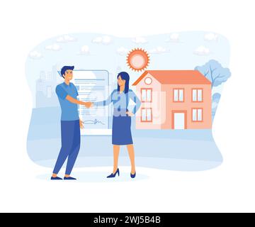 Man buying property with mortgage, man and woman shaking hands receiving bank approval. flat vector modern illustration Stock Vector