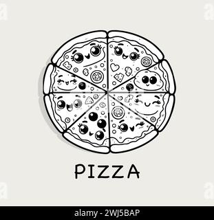 Cute kawaii pizza slices with various toppings smiling, for menus, food blogs, children illustrations. Vector illustration Stock Vector