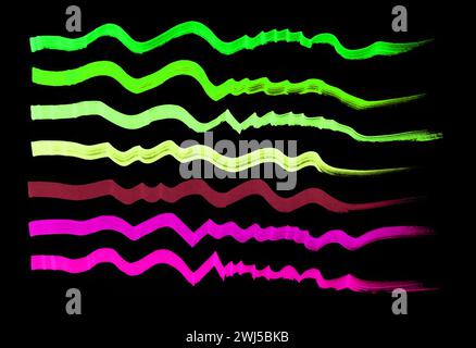 A set of horizontal curved lines. Black background. The lines start straight, then become wavy, zigzag and end with a dry brush texture. From left to Stock Photo