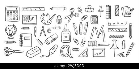 Stationery doodle icon set. Art education line hand drawn elements - pencil, pen, washi tape, globe, glue, crayons hand drawn school supply Stock Vector