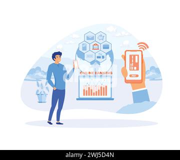 Internet banking concept. Hands man holding phones with different type of payment. flat vector modern illustration Stock Vector