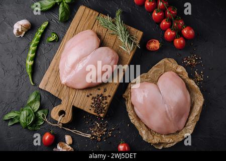 Raw chicken fillets on wooden cutting board, top view Stock Photo
