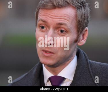 London, England, UK. 13th Feb, 2024. Housing Minister LEE ROWLEY is seen during the morning media round in Westminster. (Credit Image: © Thomas Krych/ZUMA Press Wire) EDITORIAL USAGE ONLY! Not for Commercial USAGE! Stock Photo