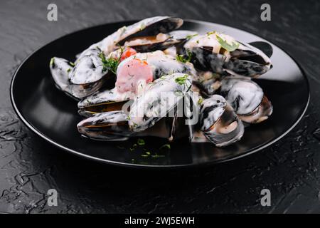 Blue mussels stewed in cream wine sauce with garlic Stock Photo