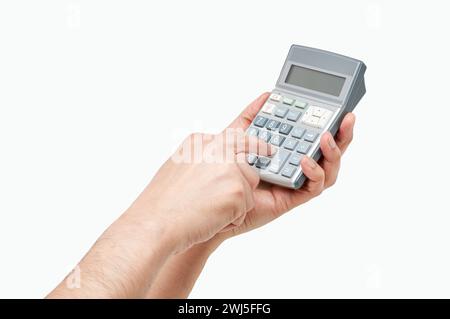 Cropped shot of an unrecognizable man hands holding and using a calculator isolated on a white background Stock Photo