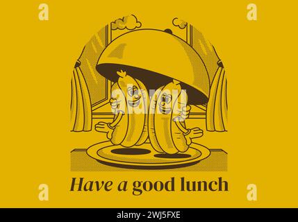 Have a good lunch. Mascot character illustration of two hot dog on the plate with happy face Stock Vector