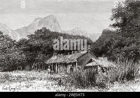 Small pagoda where the sick were collected. Tonkin, French Indochina. Vietnam, Asia. Thirty months in Tonkin 1885 by Doctor Charles Edouard Hocquard (1853 - 1911) Le Tour du Monde 1890 Stock Photo