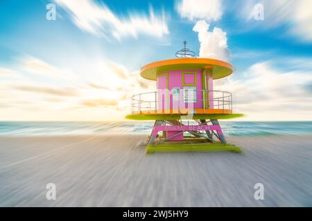 Lifeguard hut on the beach in Miami Florida with motion blur effect Stock Photo