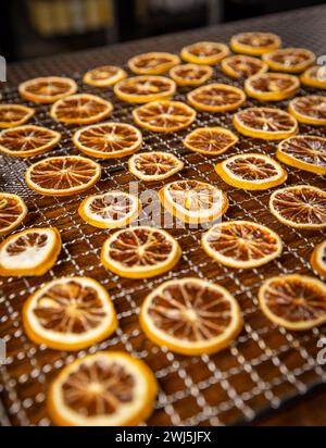 Sliced and dried candied citrus fruit. Natural dried oranges Stock Photo
