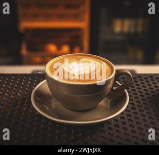 Cup of coffee with heart pattern in a white cup Stock Photo