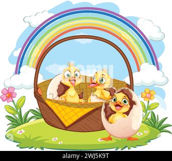 Cute chicks in a basket under a colorful rainbow Stock Vector
