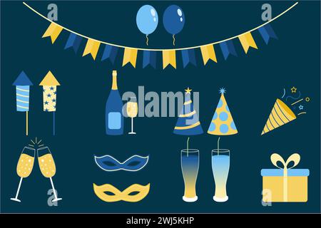 New Year party celebration. New year stickers decoration. Design elements for greeting card or invitation. Vector illustration. Stock Vector