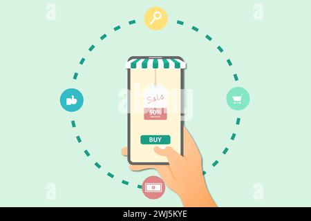 Hand holding mobile smart phone with shopping icon. Online shopping concept. Stock Vector