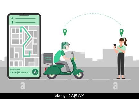 Fast delivery service by scooter on mobile. Online food order. E-commerce concept. Stock Vector