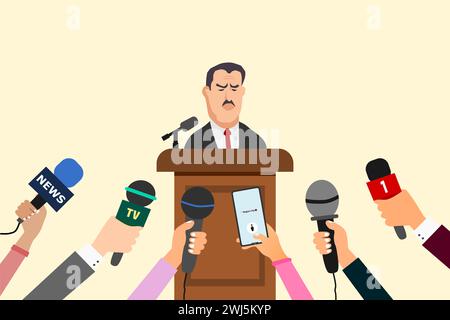 Press conference concept. Man speaking to audience. Journalist or press media hands with microphones and smartphone. Vector illustration. Stock Vector