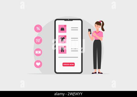 Online shopping store on website and mobile phone design. Smart business marketing concept. Woman using a smart phone for online shopping. Vector Illu Stock Vector