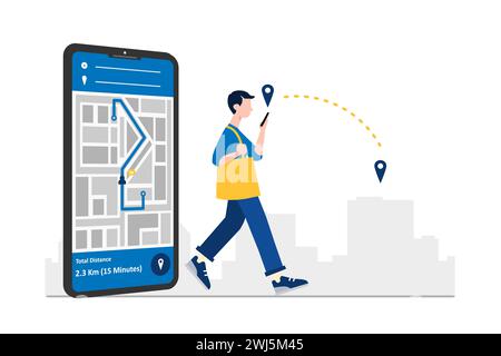 Faceless man walking on the street using modern technology GPS navigation or digital maps on smartphone. Flat vector illustration. Stock Vector