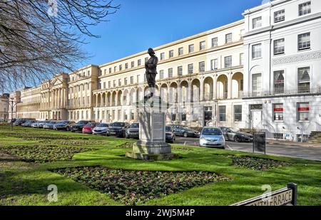 The Promenade, Cheltenham Borough Council Municipal Offices, Gloucestershire, England, UK, with Boer War Memorial statue. Stock Photo