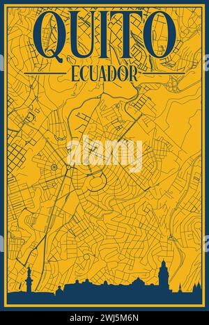 Road network and skyline poster of the downtown QUITO, ECUADOR Stock Vector