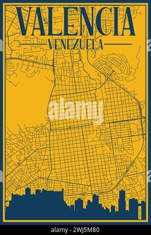 Road network and skyline poster of the downtown VALENCIA, VENEZUELA Stock Vector