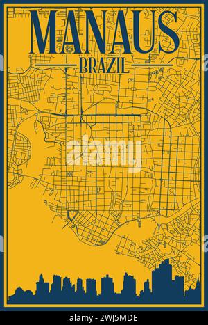 Road network and skyline poster of the downtown MANAUS, BRAZIL Stock Vector