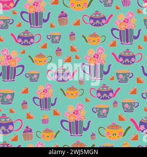 vector hand drawn garden tea party elements seamless pattern perfect for wrapping paper, invitations, high tea, paper plates, napkins, stationary, wal Stock Vector