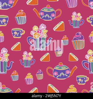 vector hand drawn garden tea party elements seamless pattern perfect for wrapping paper, invitations, high tea, paper plates, napkins, stationary, wal Stock Vector