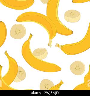 Banana seamless pattern on white background. Vector. Design for wrapping paper, textile, fabric. Yellow ripe exotic fruits whole in peel and pieces of Stock Vector