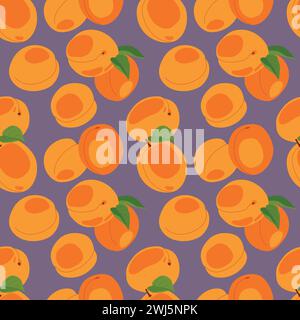 Apricot seamless pattern. Vector. Fruits whole and cut into pieces on a dark background. Summer tropical endless background for label, fabric, packagi Stock Vector