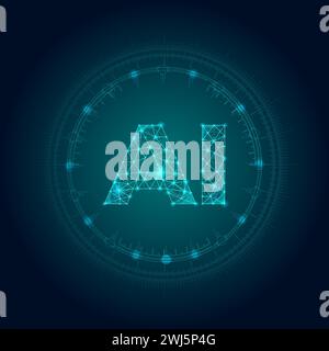 Wireframe letters AI with a circular digital interface on dark background. Impact of AI in modern industries. Stock Vector