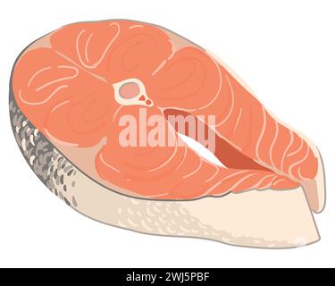 Salmon steak. Vector. Illustration in cartoon style isolated on white background. Cut off a piece of red fish. Seafood containing Omega 3. Trout fille Stock Vector