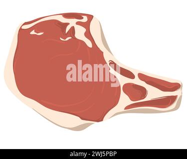 Piece of beef with bone. Sliced piece of ribeye raw fresh fleshy with pulp. Vector illustration in a flat style. Steak on a white plate in cartoon sty Stock Vector