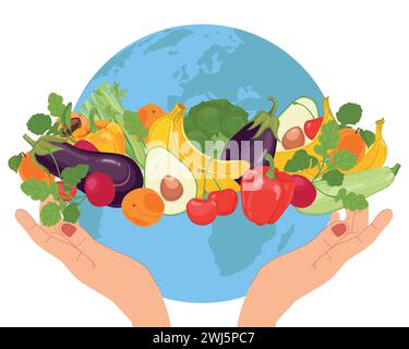 World Vegetarian Day. Hands hold a globe, vegetables and fruits. Vector illustration in a flat style. The concept of the importance of food safety and Stock Vector
