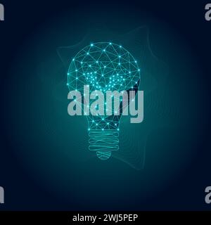 Wireframe light bulb on dark blue neon background. Poster for conference, seminar on innovation and technology. Stock Vector