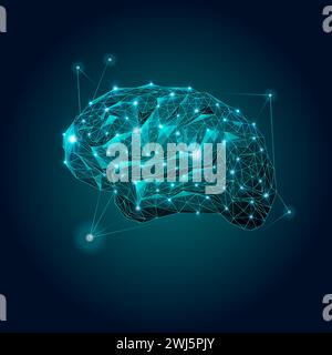 Wireframe human brain with connected nodes on deep blue background. Graphic for documentary on artificial intelligence and human cognition. Stock Vector