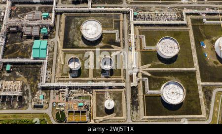 Aerial view oil and gas industrial, Refinery factory oil storage tank ...