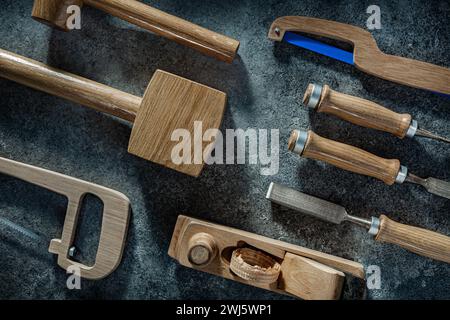 Wooden Mallet And Other Woodworkers Tools In Flat Lay Composed Stock Photo