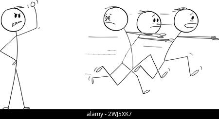 Group of Weak Men Running Away in Fear From Strong Person, Vector Cartoon Stick Figure Illustration Stock Vector