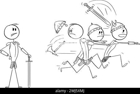 Group of Weak Men Running Away in Fear From Strong Warrior, Vector Cartoon Stick Figure Illustration Stock Vector