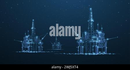 Oil rigs. Abstract 3d floating rig platforms isolated on blue. gas platform, offshore drilling, refinery plant, petroleum industry Stock Vector