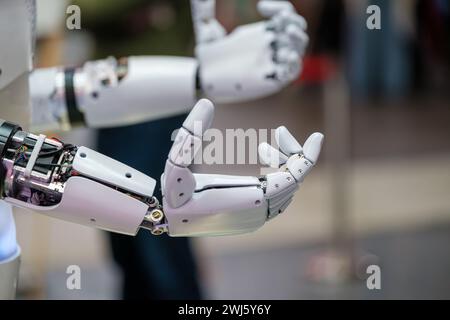 Close-up of a high-tech robotic hand, symbolizing innovation, artificial intelligence, and futuristic technology. Stock Photo